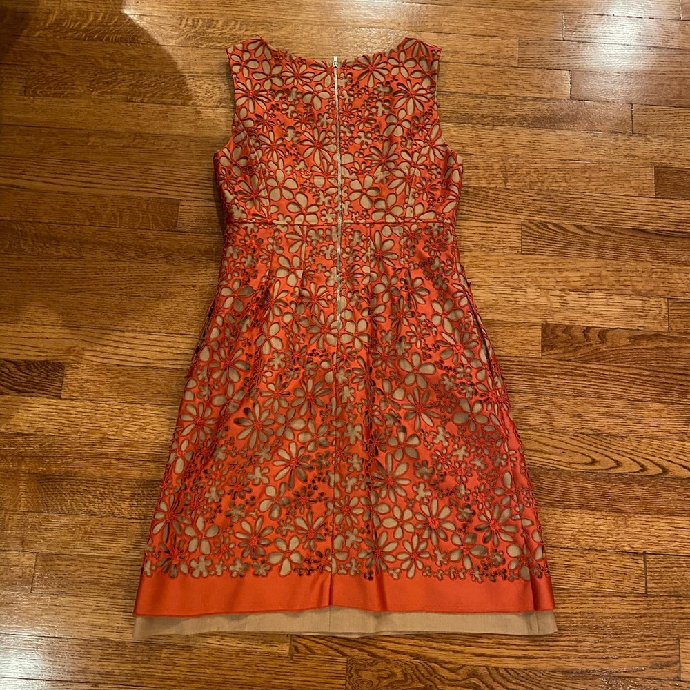 lela rose orange dress $2295 New LELA ROSE Metallic Organza Floral Fil Coupe MIDI Dress Coral Orange 2